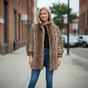 Designer Hillmoor N Y Vintage Animal Print Padded Shoulder Faux Fur Coat Med